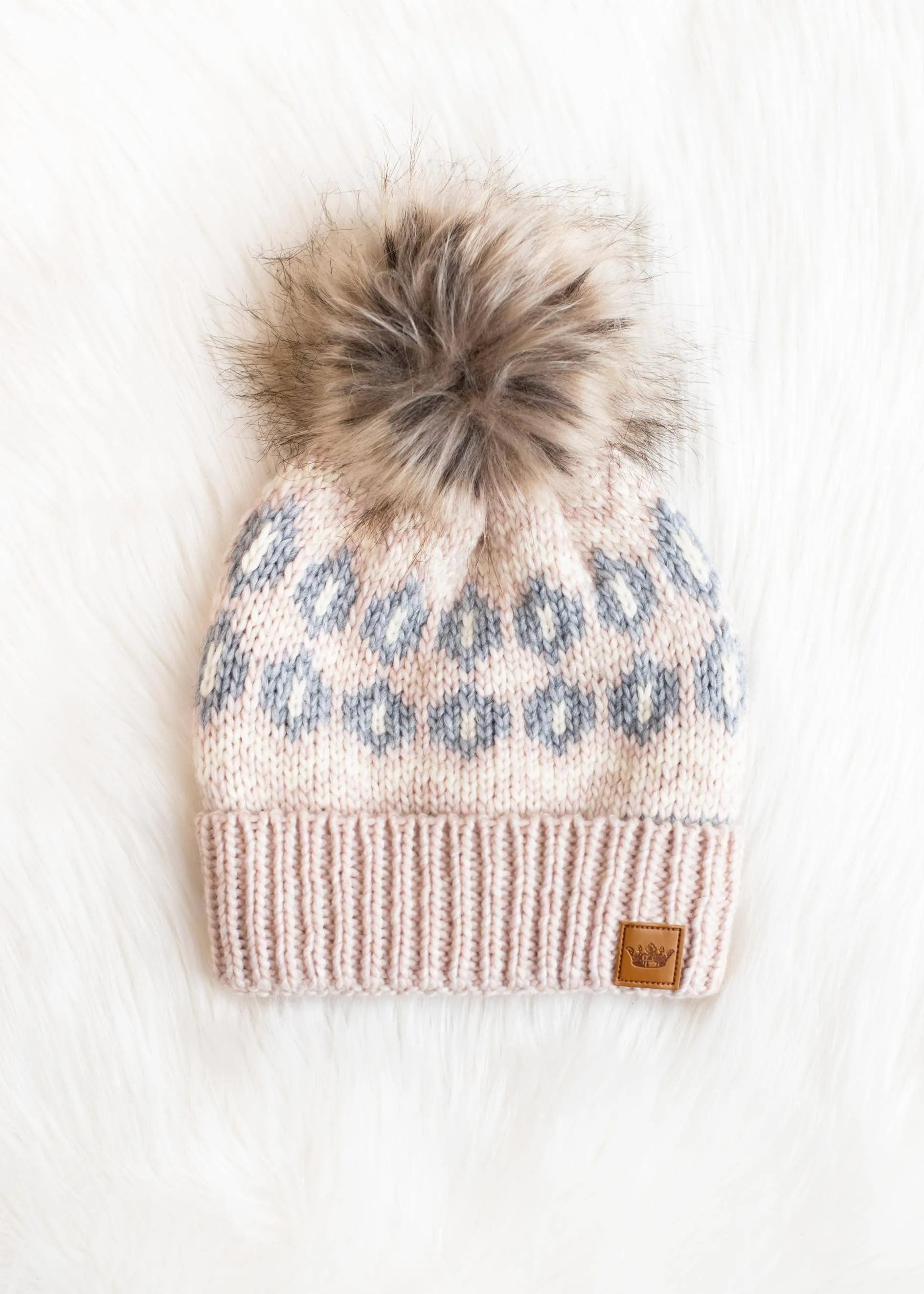 Pink, Grey & Cream Pattern Pom Hat