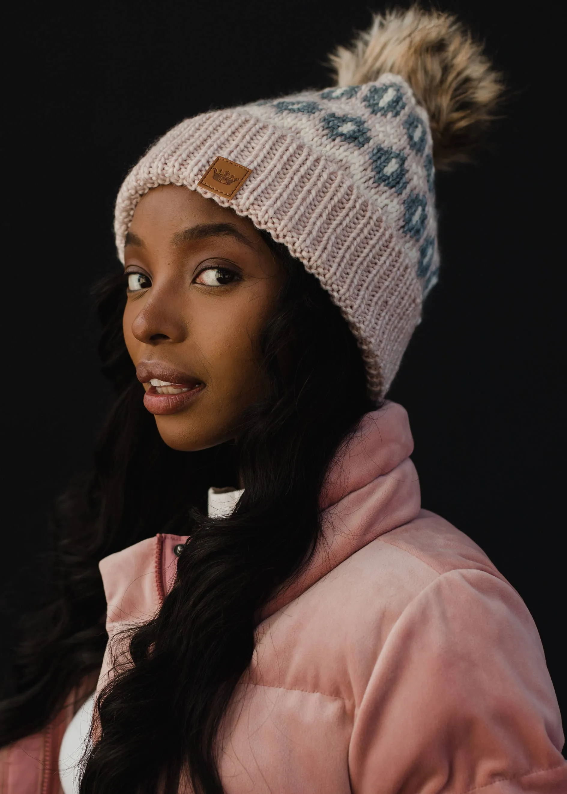 Pink, Grey & Cream Pattern Pom Hat