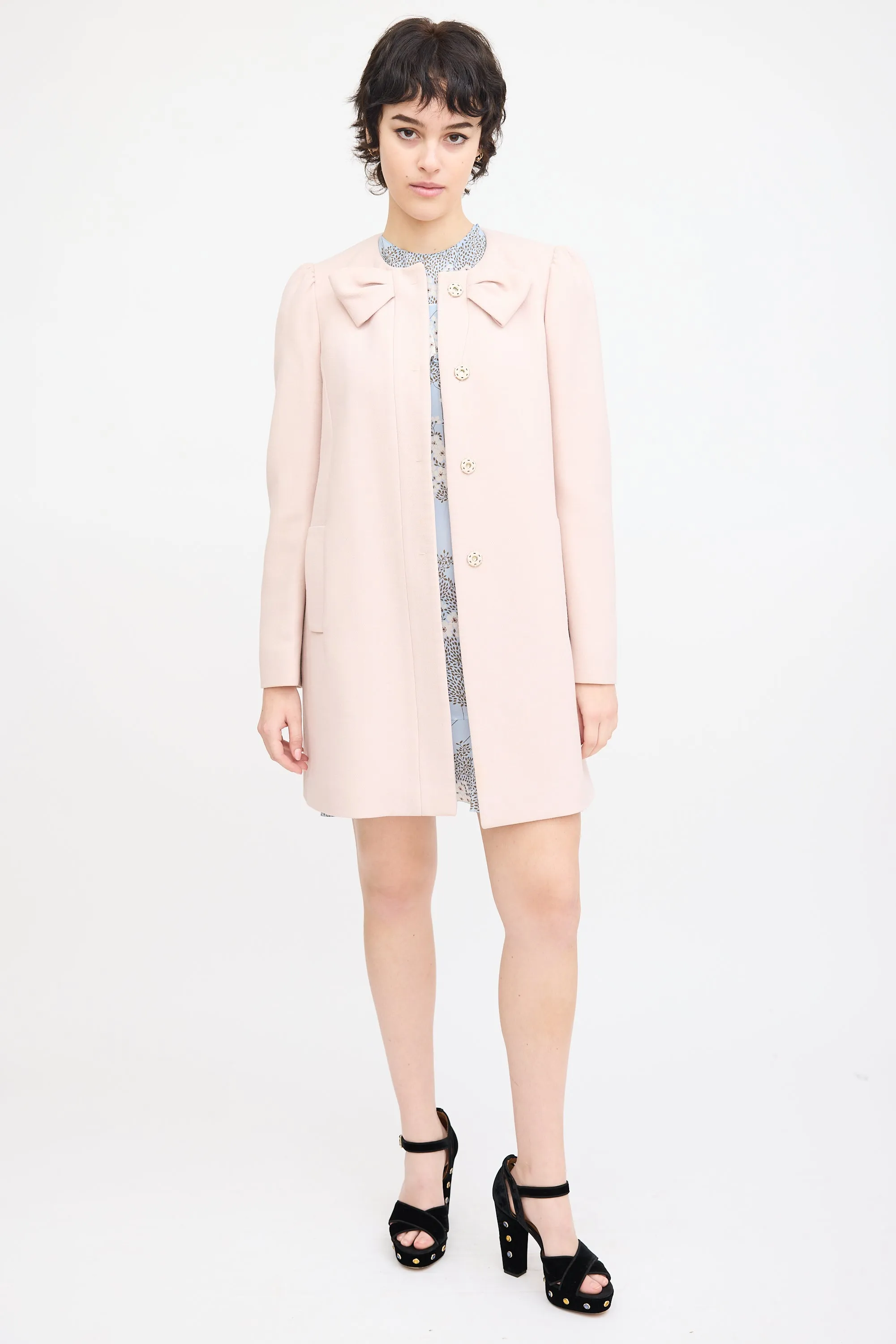 Pink Wool Bow Mid Length Coat