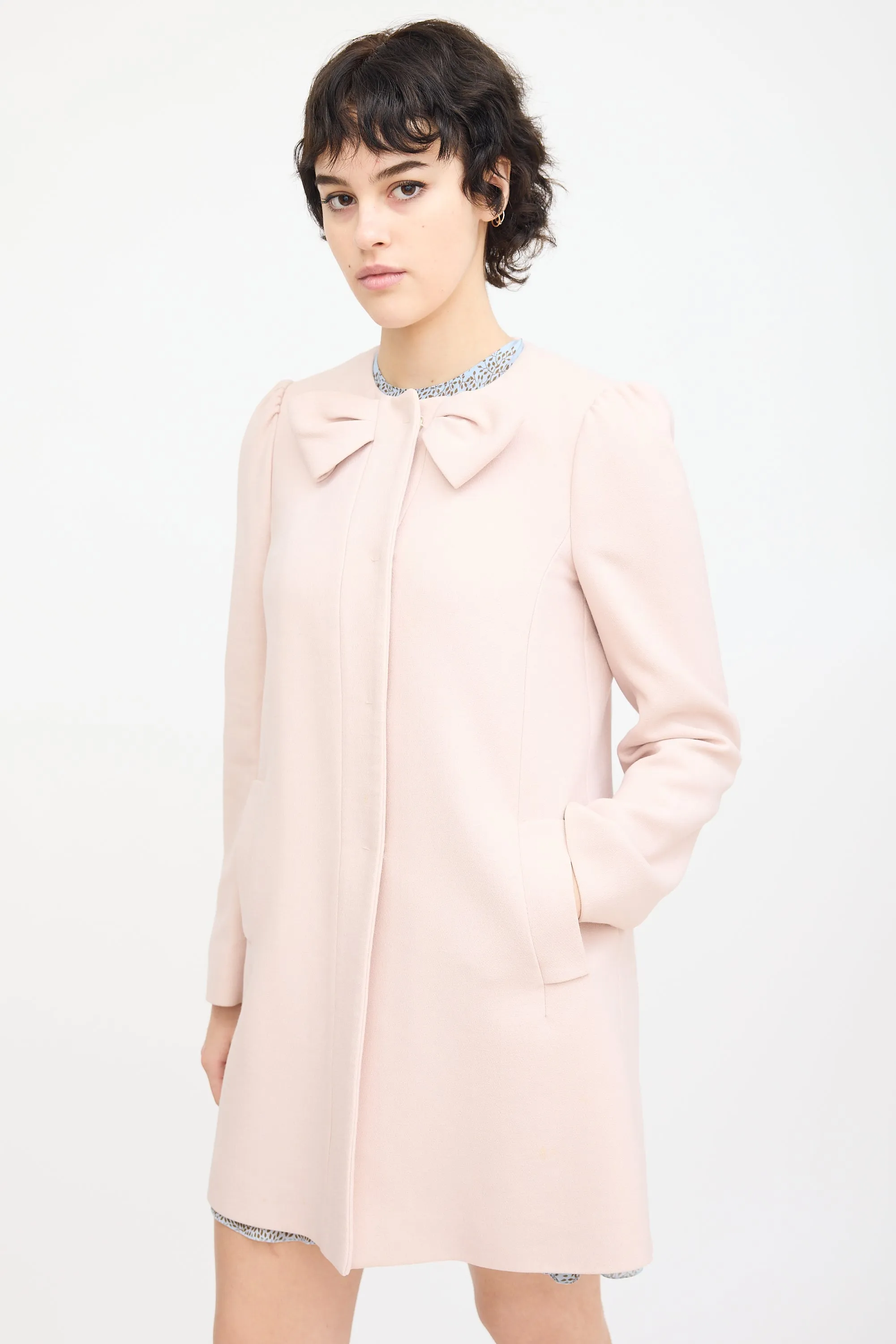 Pink Wool Bow Mid Length Coat