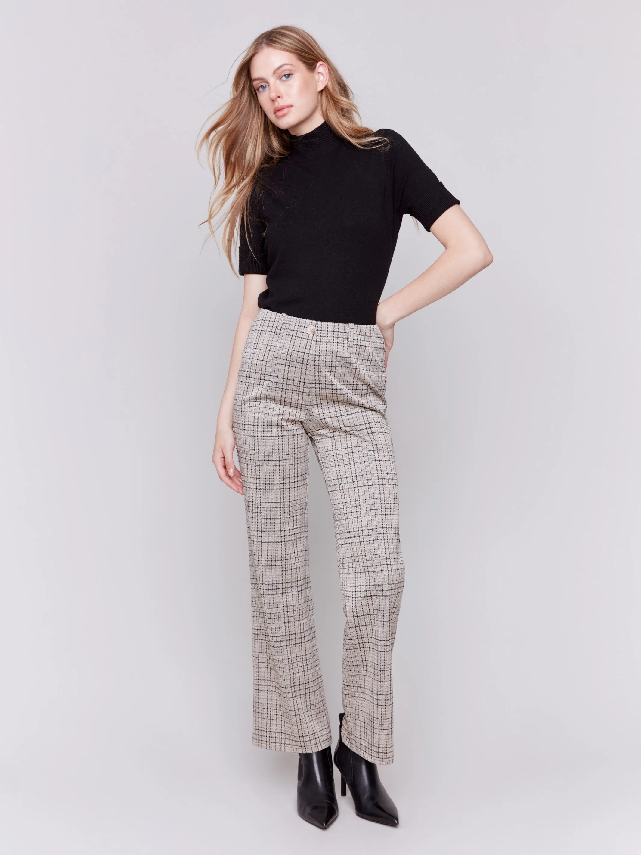 Plaid Ponte Pull-On Flare Pants - Almond