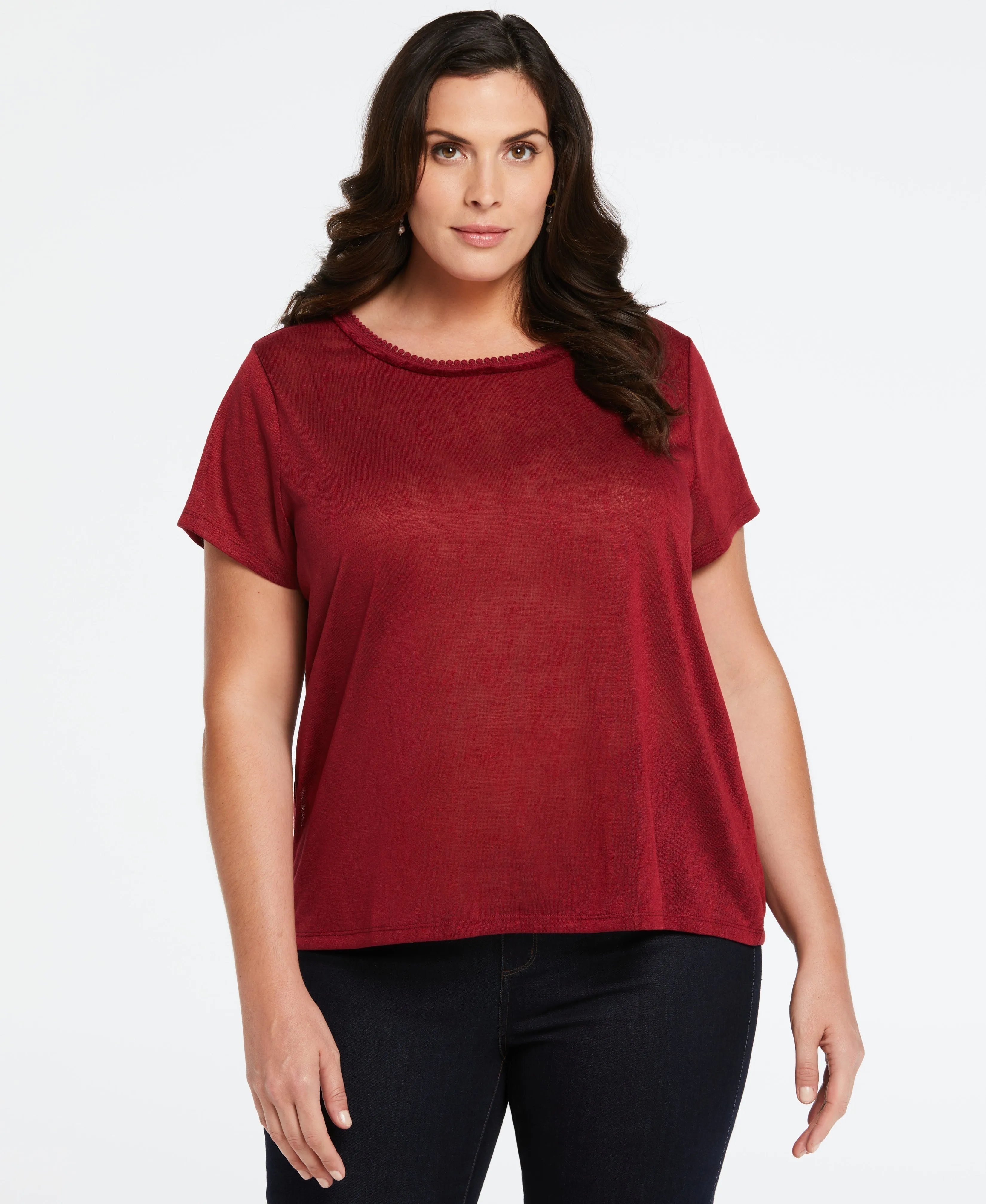 Plus Size Eco Fabric Short Sleeve Top with Decorative Trim