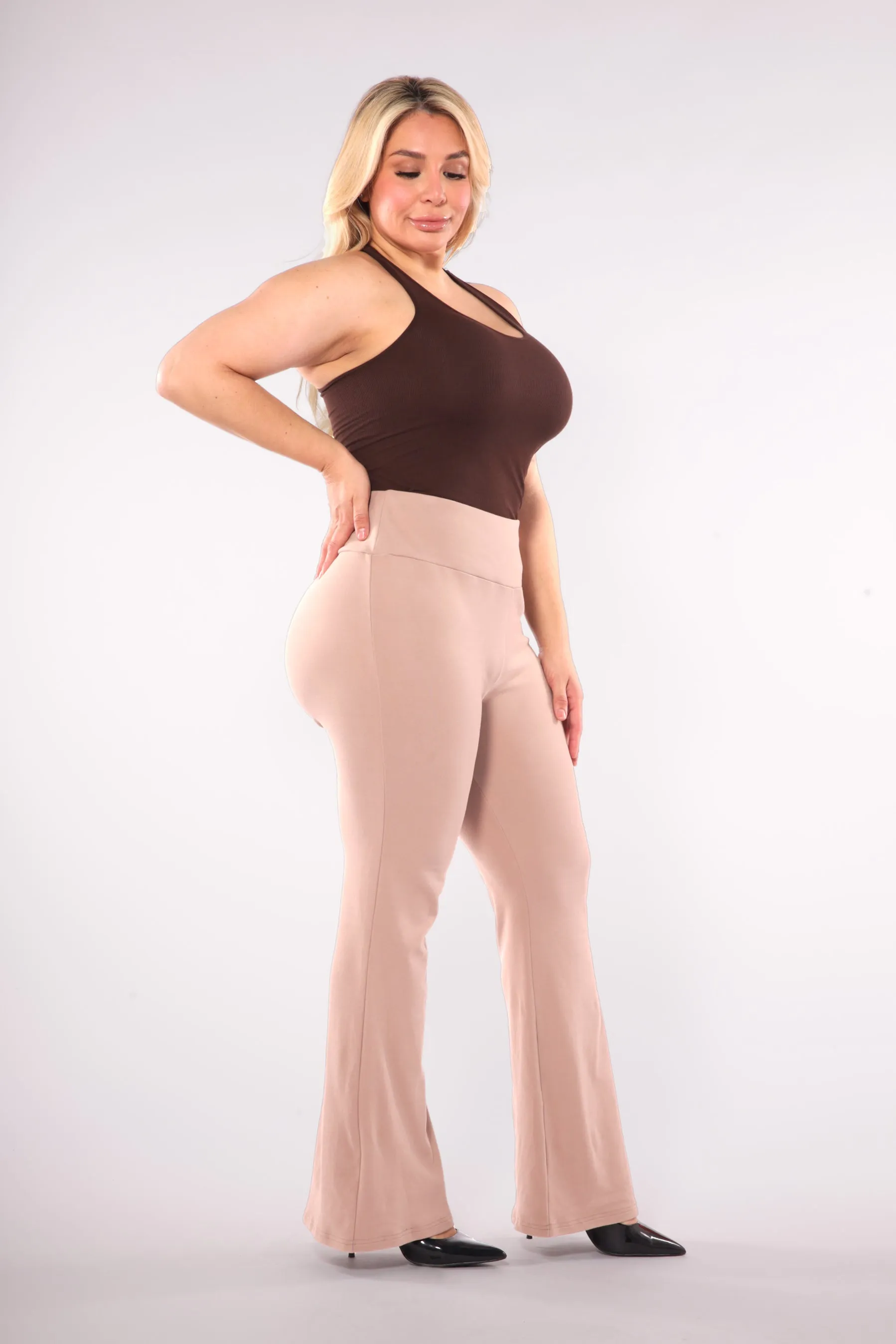 Plus Size High Waist Soft Brushed Flare Pants - Latte