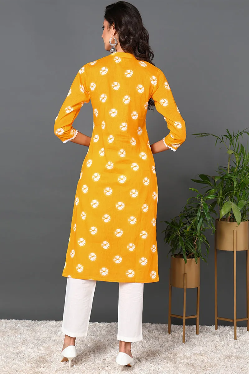 Plus Size Yellow Cotton Embroidered Ethnic Motifs Straight Kurta