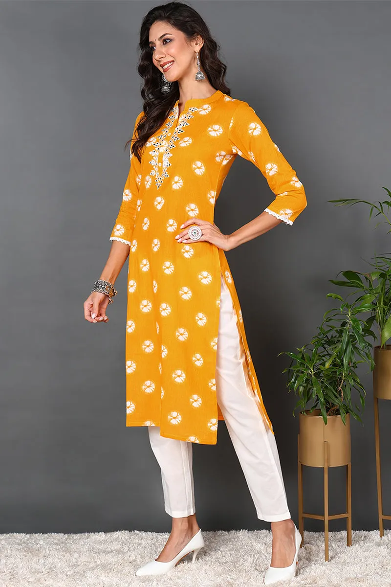 Plus Size Yellow Cotton Embroidered Ethnic Motifs Straight Kurta