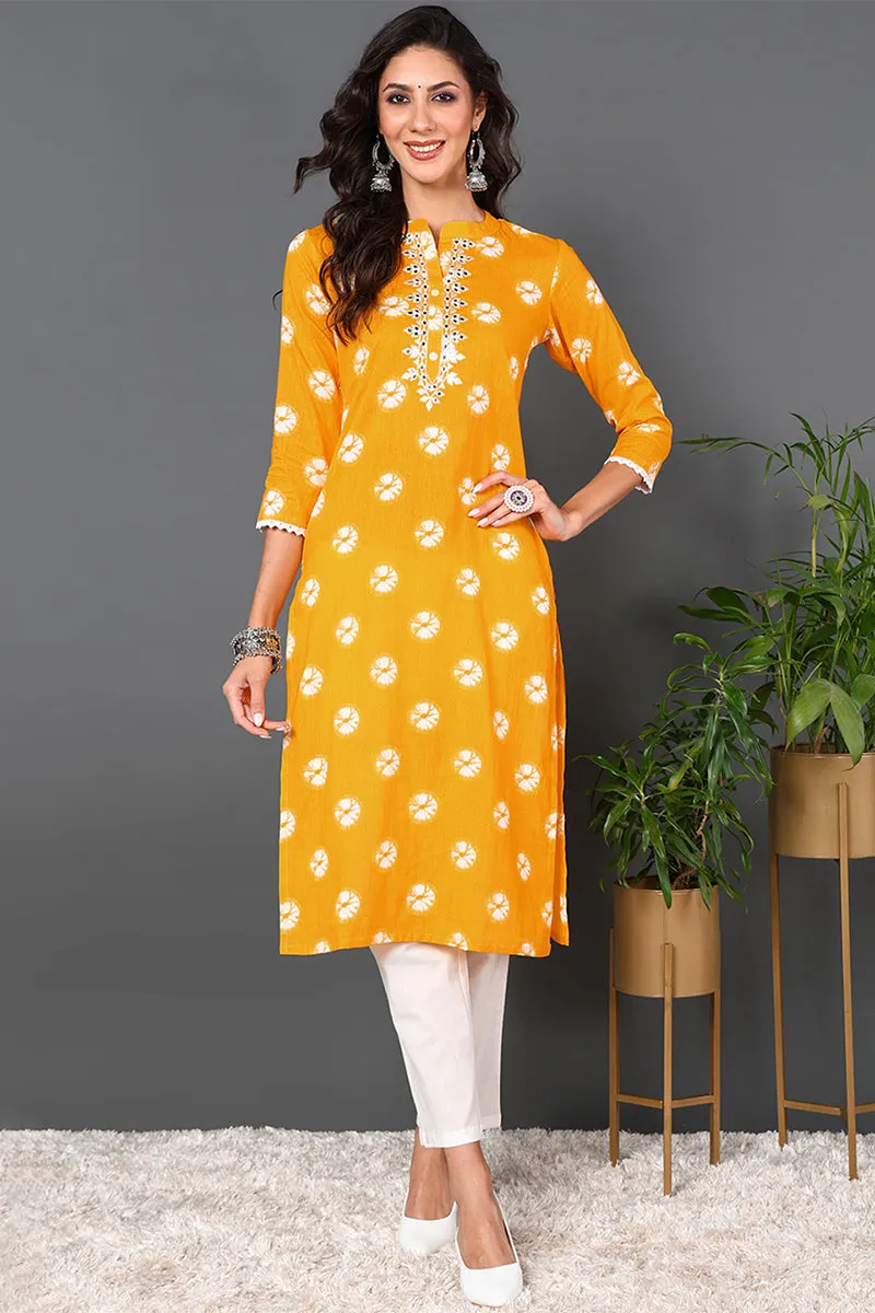 Plus Size Yellow Cotton Embroidered Ethnic Motifs Straight Kurta