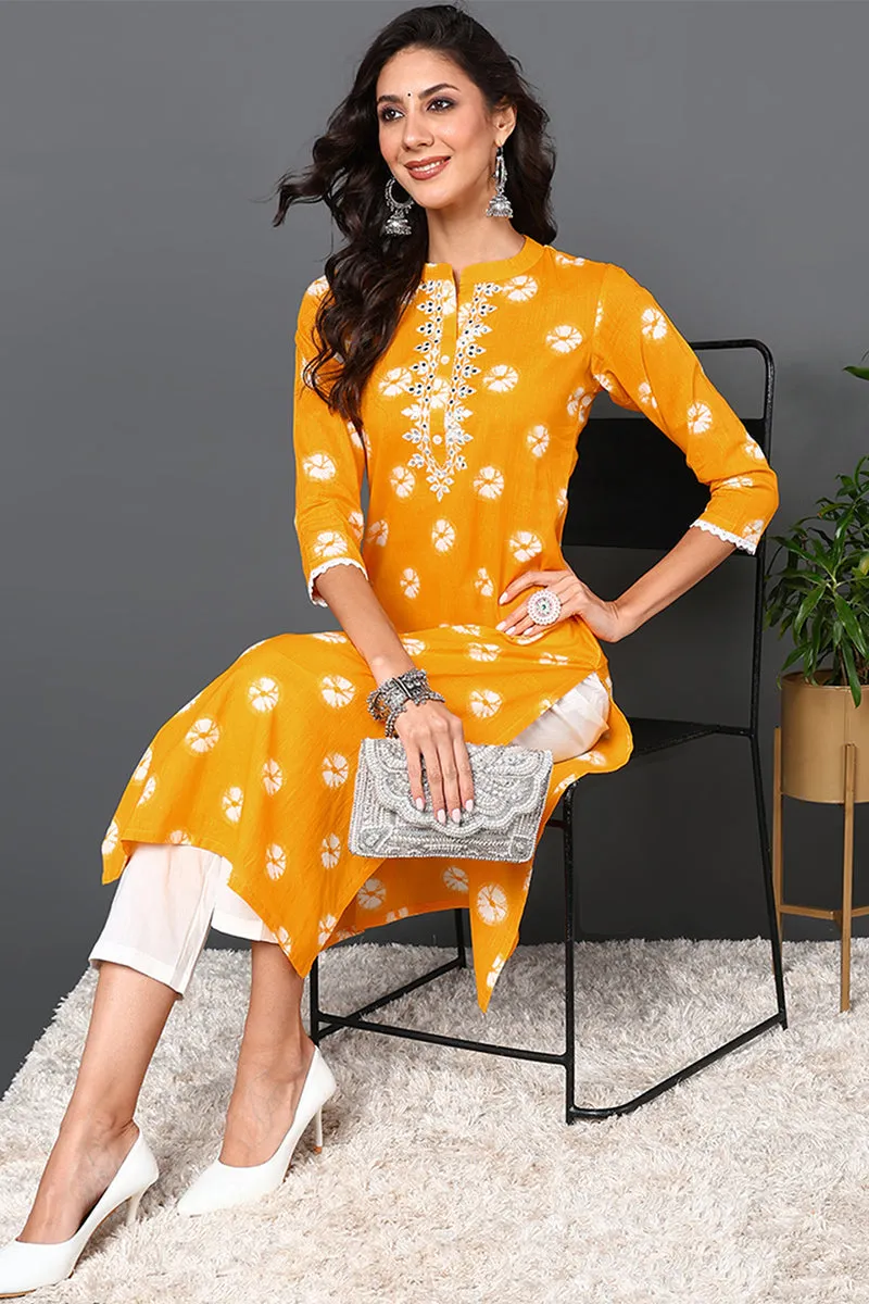 Plus Size Yellow Cotton Embroidered Ethnic Motifs Straight Kurta