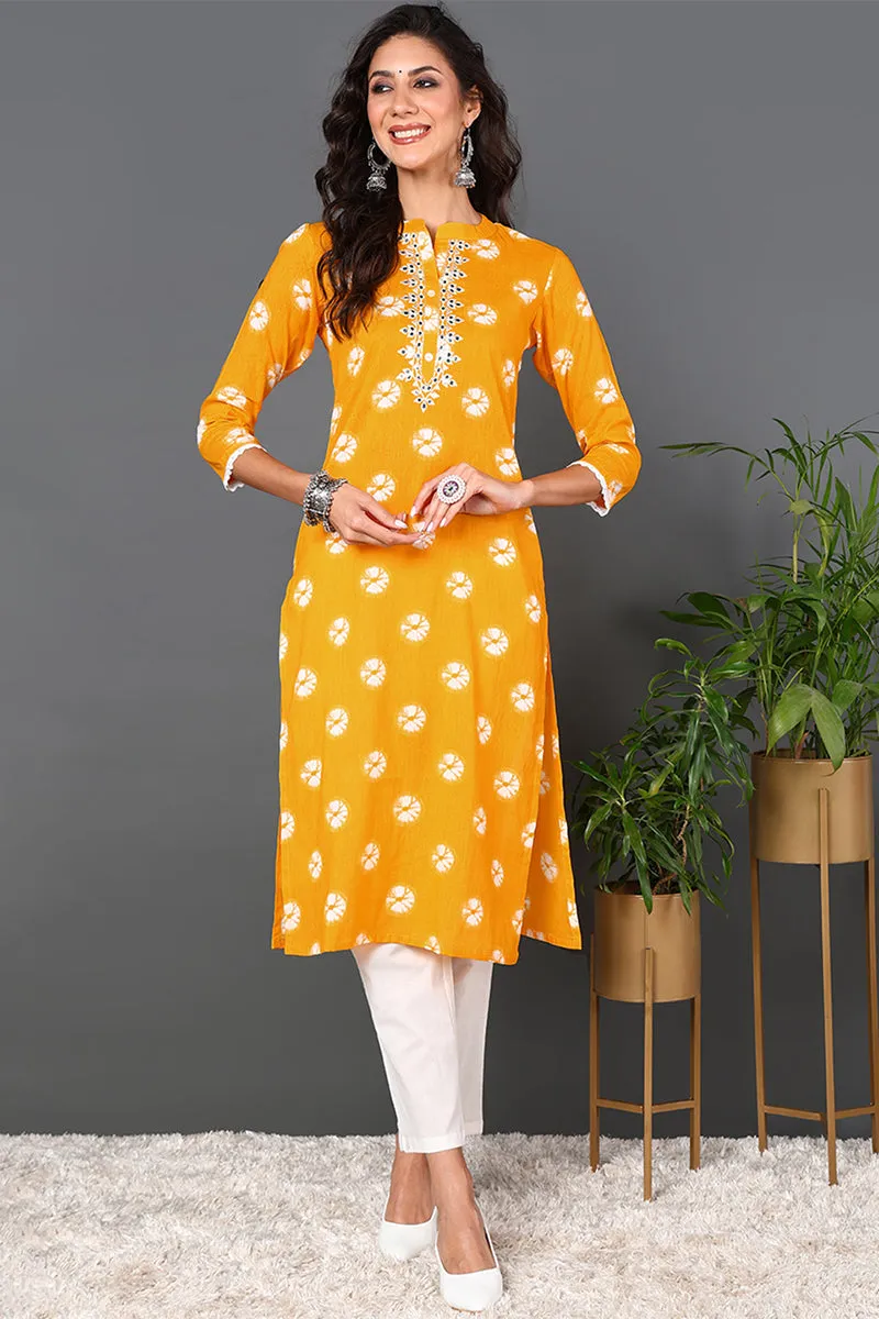 Plus Size Yellow Cotton Embroidered Ethnic Motifs Straight Kurta