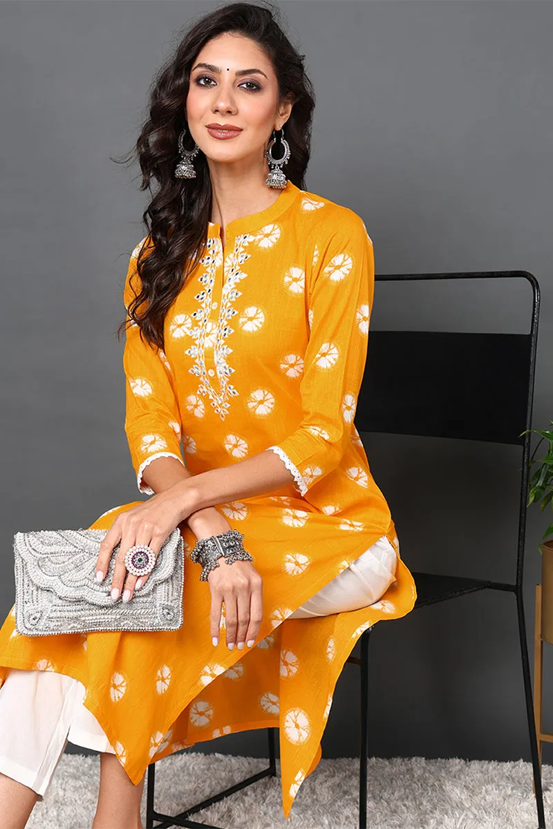 Plus Size Yellow Cotton Embroidered Ethnic Motifs Straight Kurta