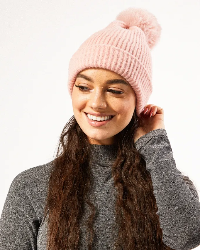 Plush Knit Pom Pom Beanie - Pink