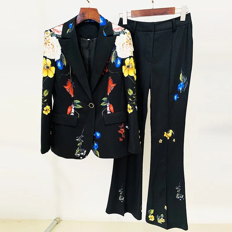 Pre Order:  Floral Print Single Button Blazer   Flared Pants