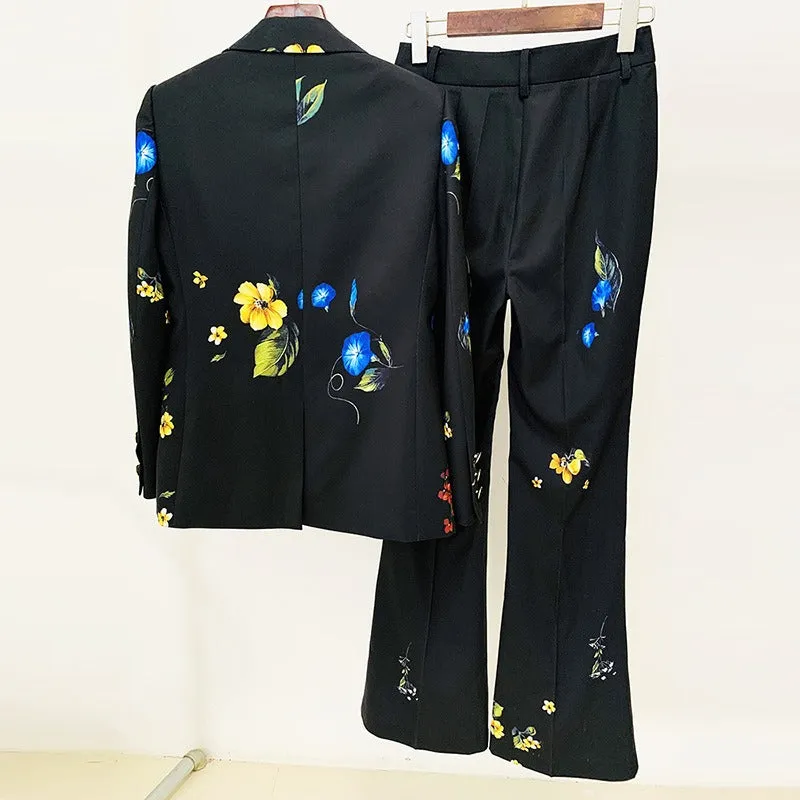 Pre Order:  Floral Print Single Button Blazer   Flared Pants