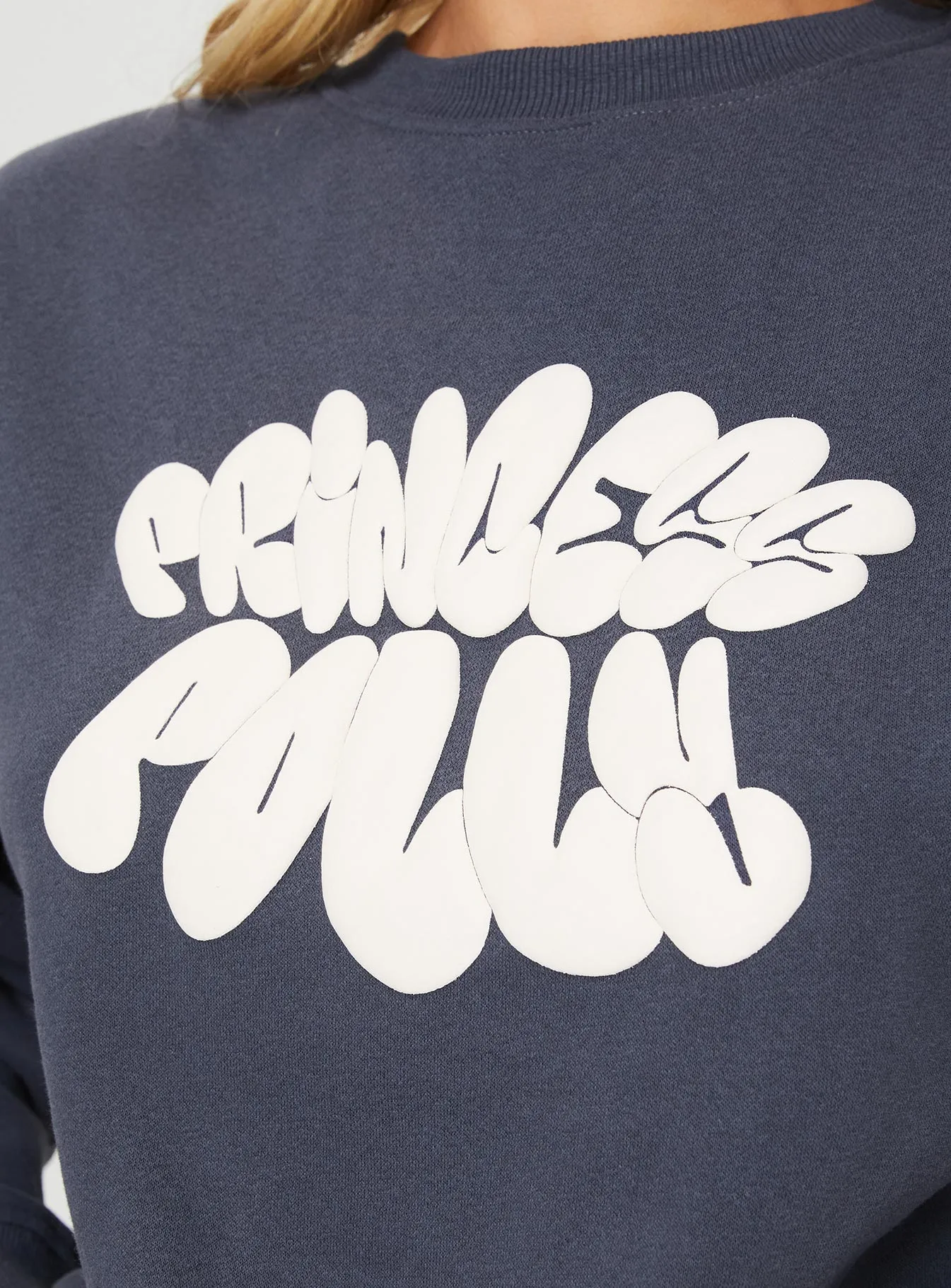 Princess Polly Crew Neck Sweatshirt Bubble Text Slate / Eggshell