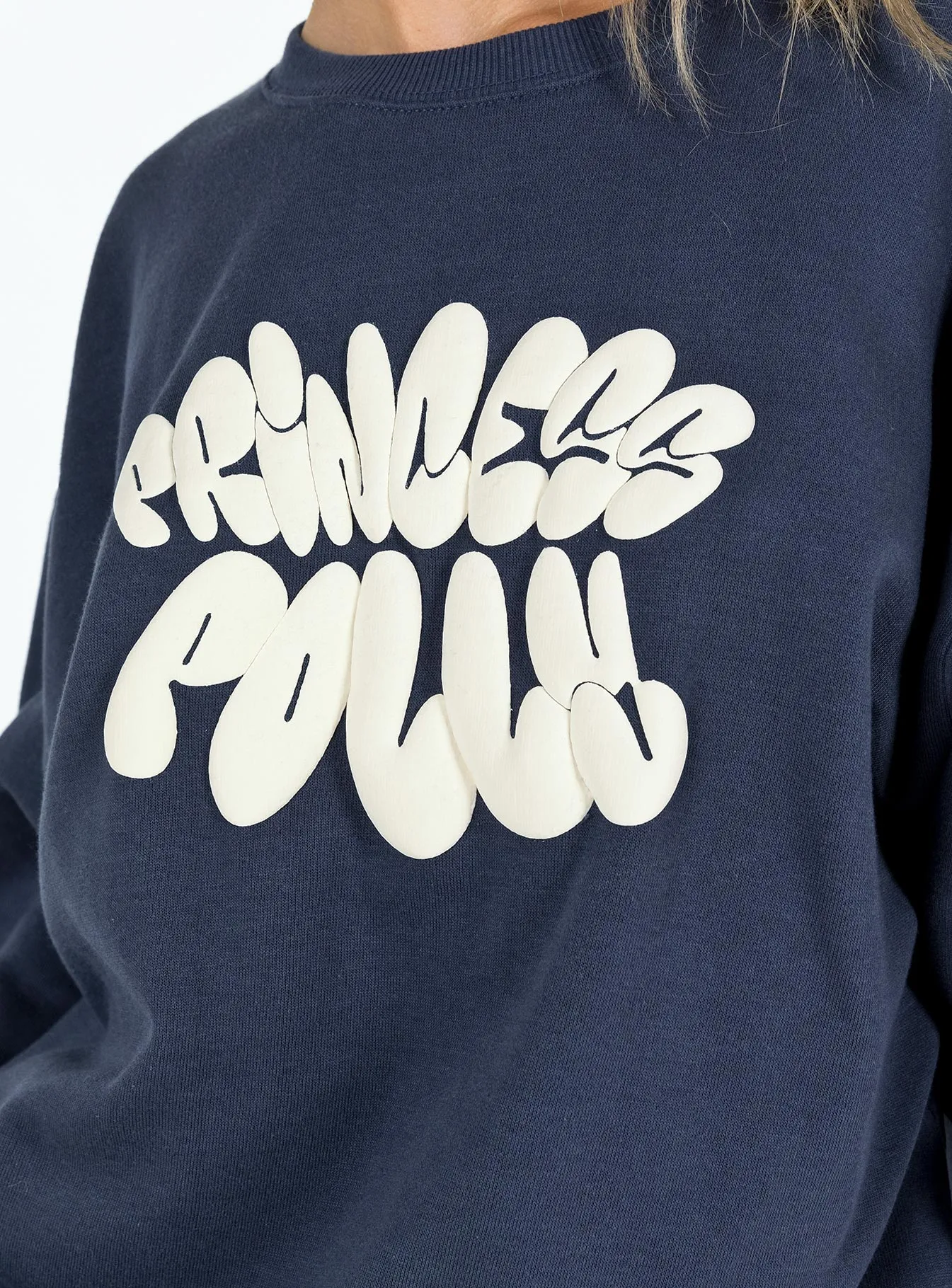 Princess Polly Crew Neck Sweatshirt Bubble Text Slate / Eggshell