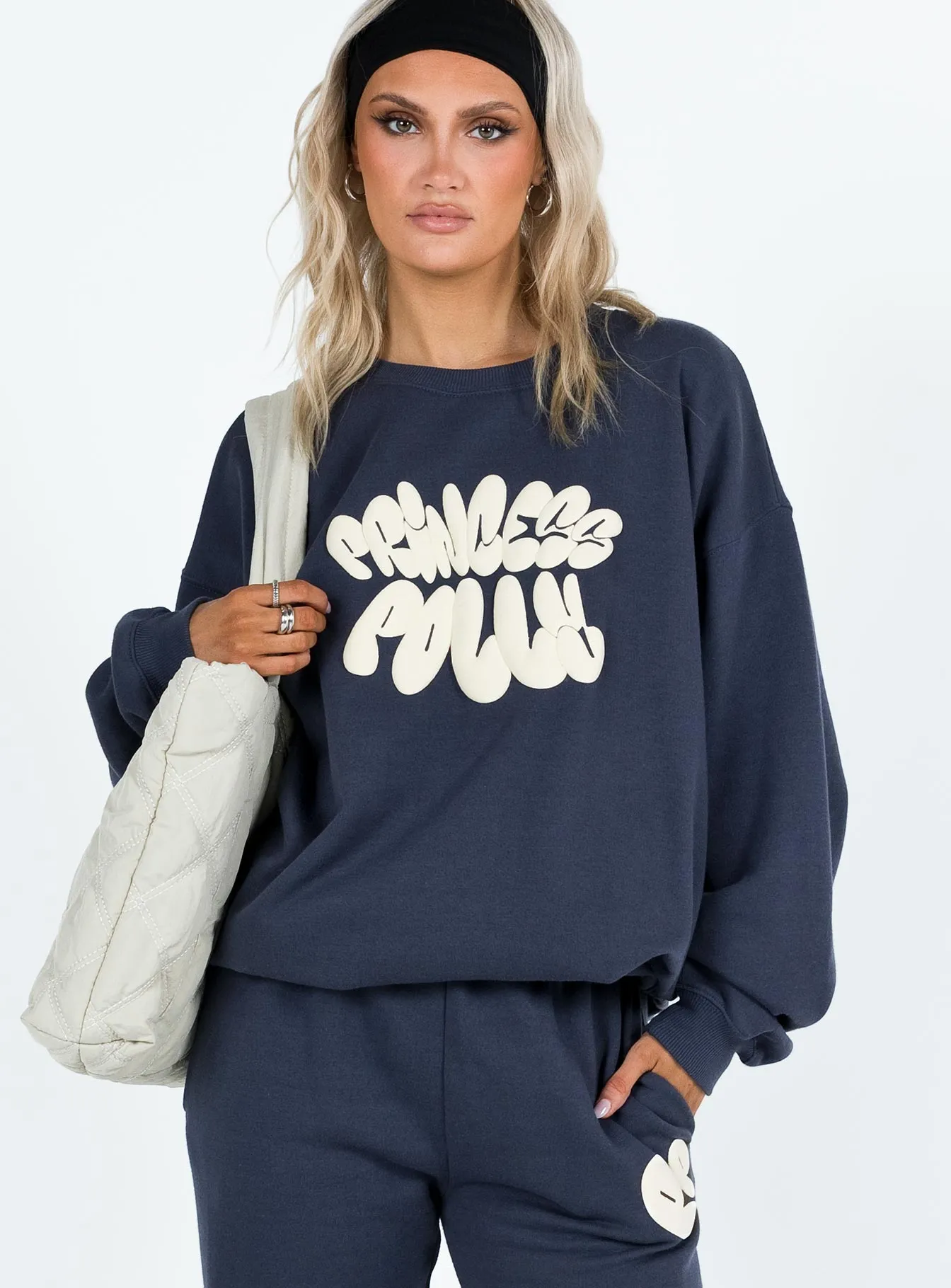 Princess Polly Crew Neck Sweatshirt Bubble Text Slate / Eggshell