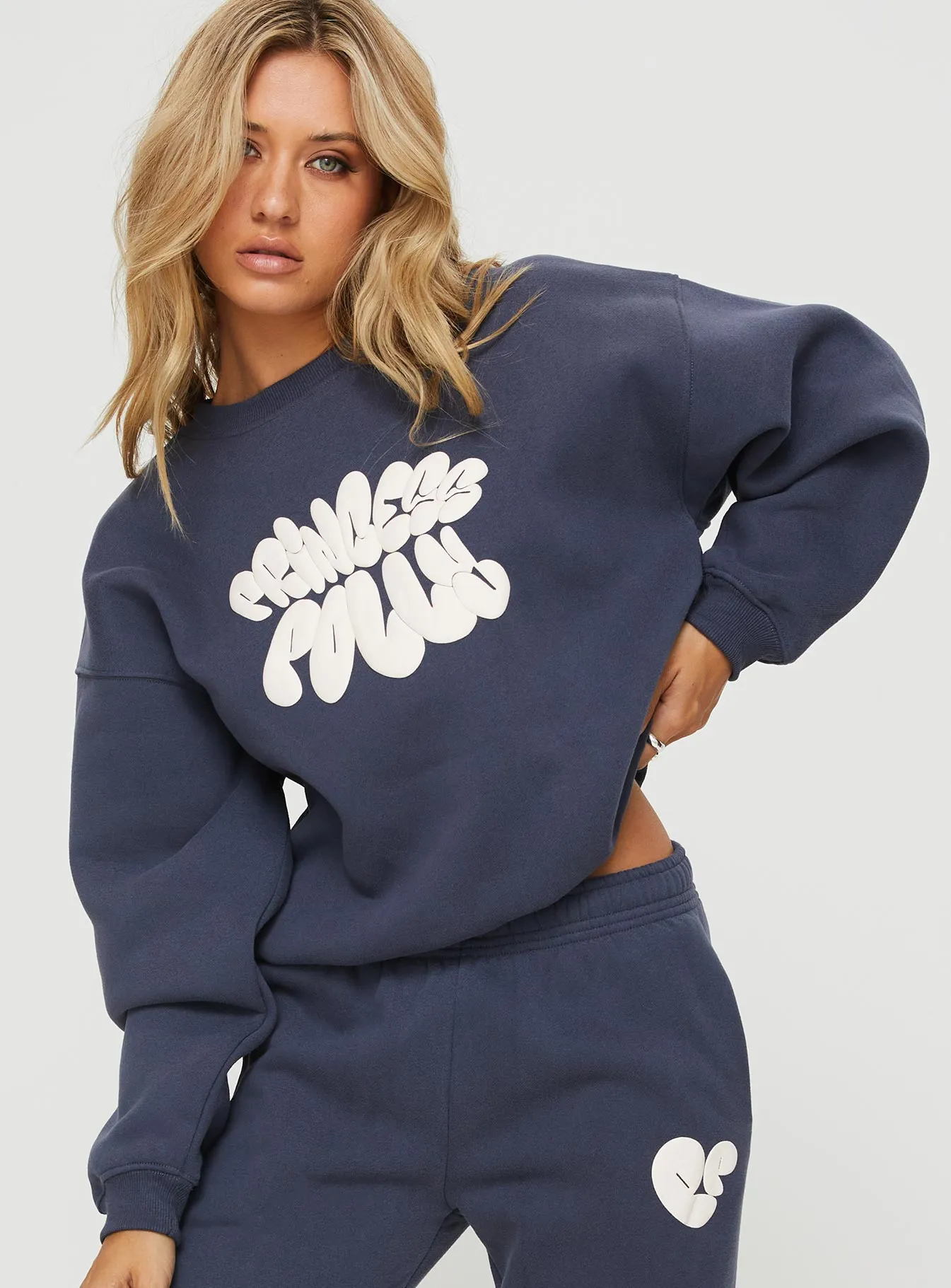 Princess Polly Crew Neck Sweatshirt Bubble Text Slate / Eggshell