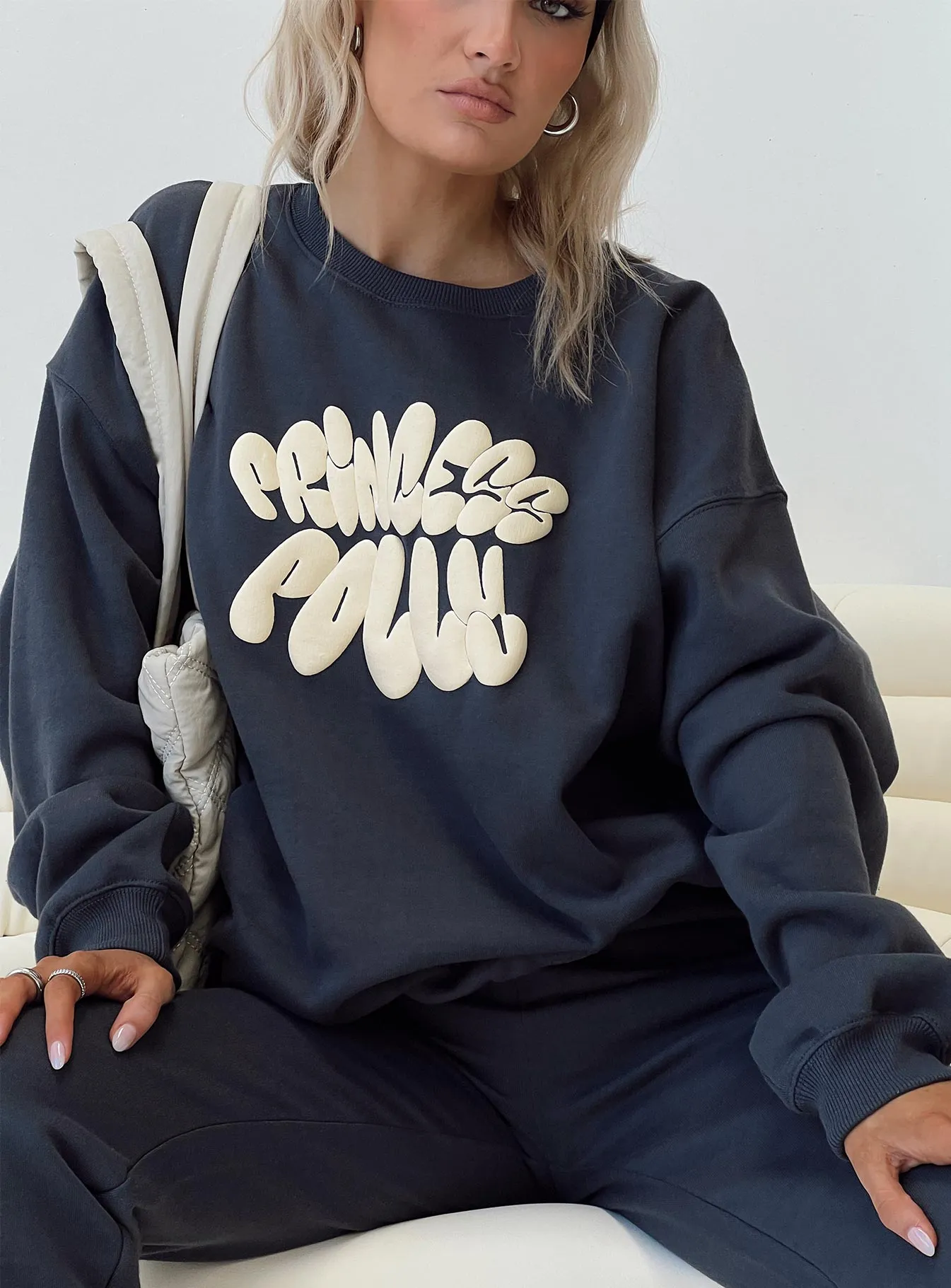 Princess Polly Crew Neck Sweatshirt Bubble Text Slate / Eggshell