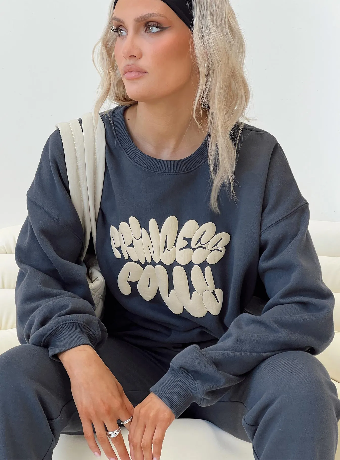 Princess Polly Crew Neck Sweatshirt Bubble Text Slate / Eggshell