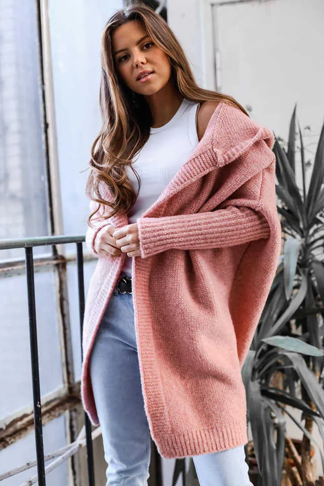 Purpdrank - Elegant Long Hoodies Cardigan for Women Sweater Office Knitwears Red Outerwears Sweaters Wool & Blends Pink Coat Mujer Cardigans