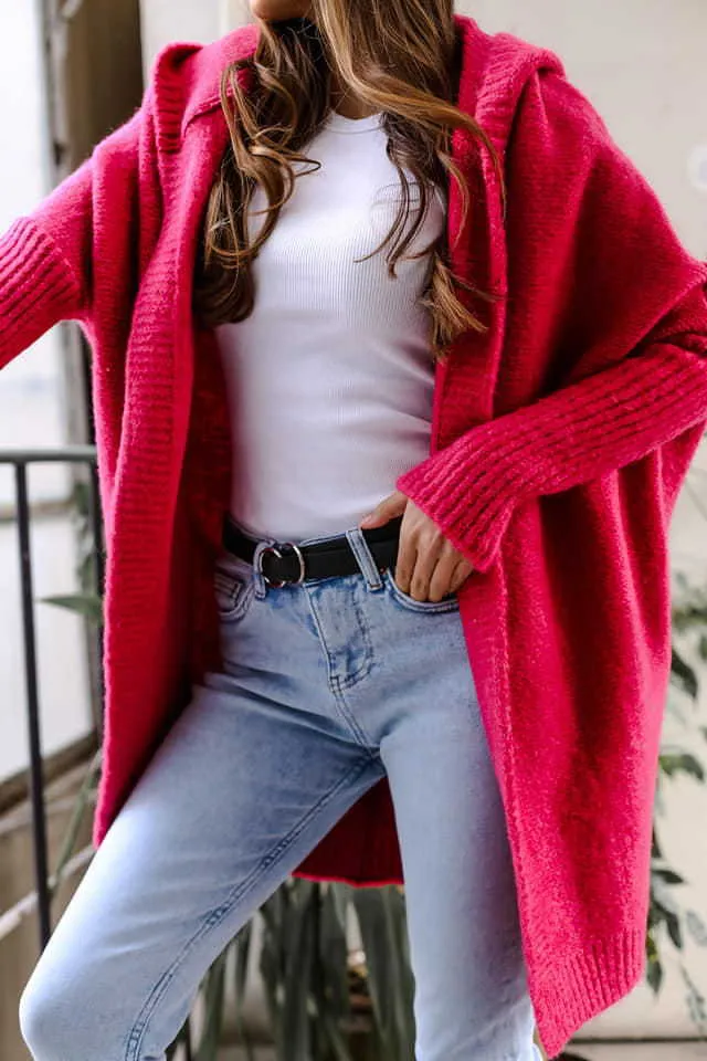 Purpdrank - Elegant Long Hoodies Cardigan for Women Sweater Office Knitwears Red Outerwears Sweaters Wool & Blends Pink Coat Mujer Cardigans