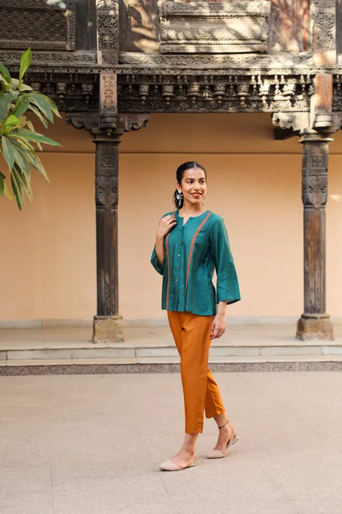 Rangsutra Juhi Teal Green Shirt With Crewel Embroidery