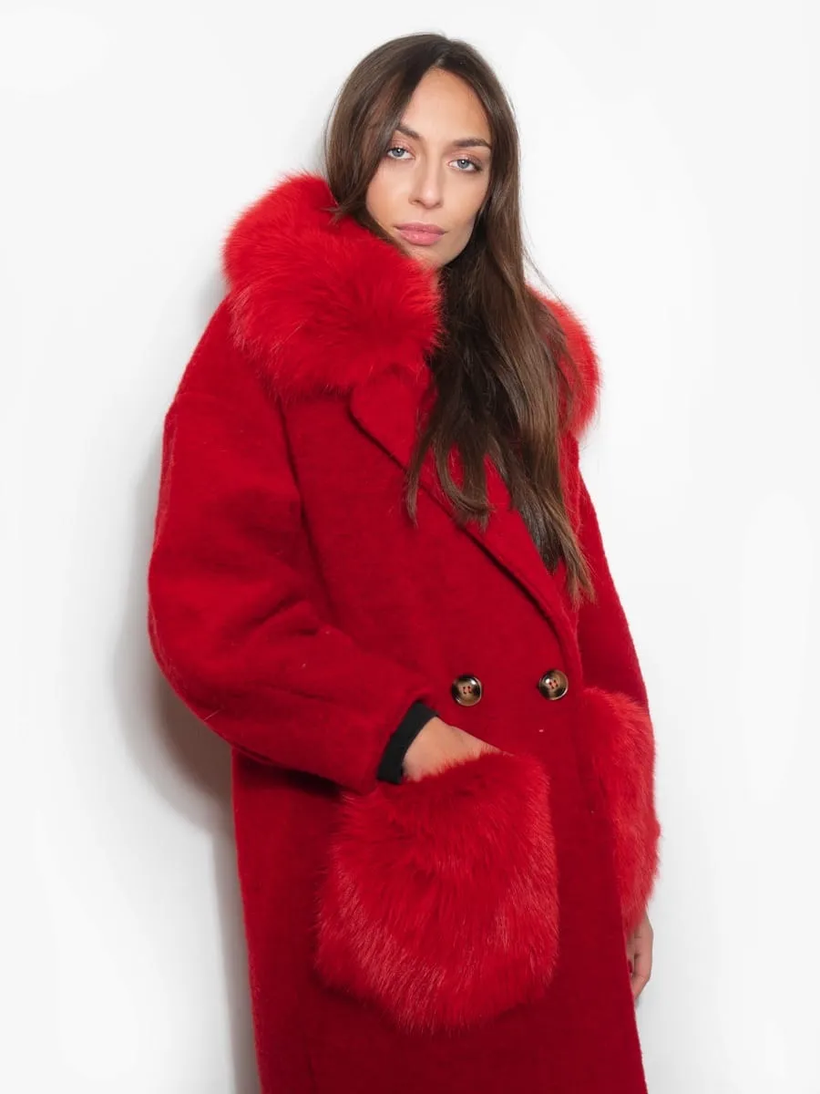 Red Passion coat with pockets and fox collar