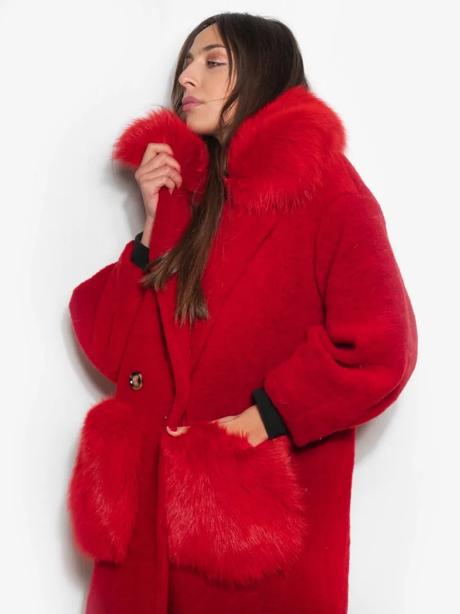 Red Passion coat with pockets and fox collar