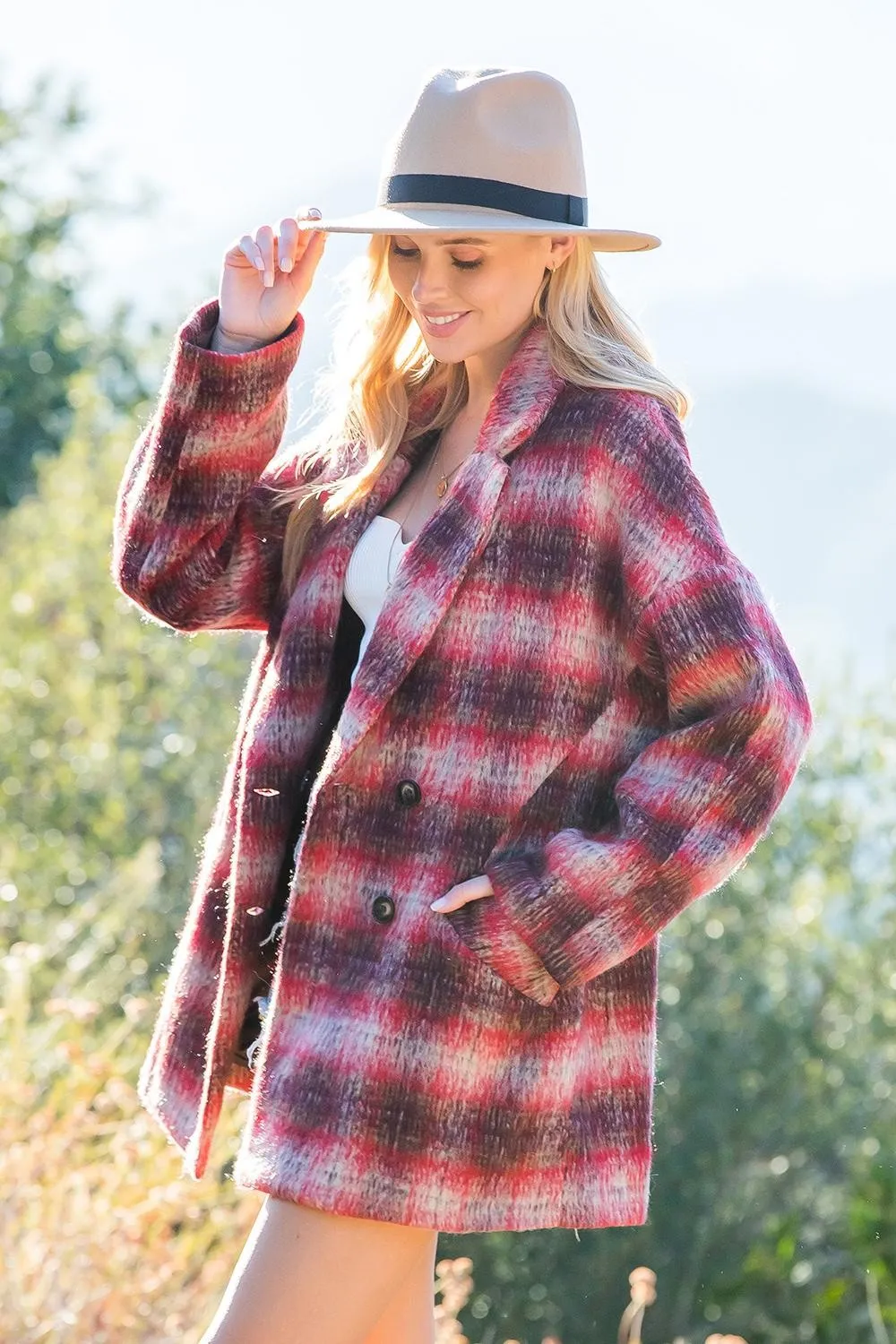 Red/Plum Double Breasted Brushed Plaid Coat