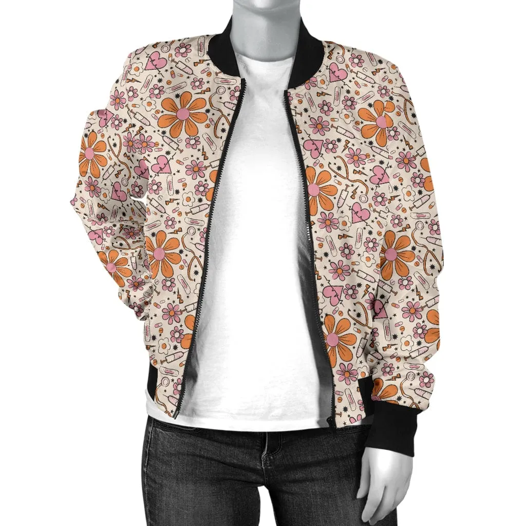 Retro Sunflower Gold And Medical Icons Gold Unisex Bomber Jacket