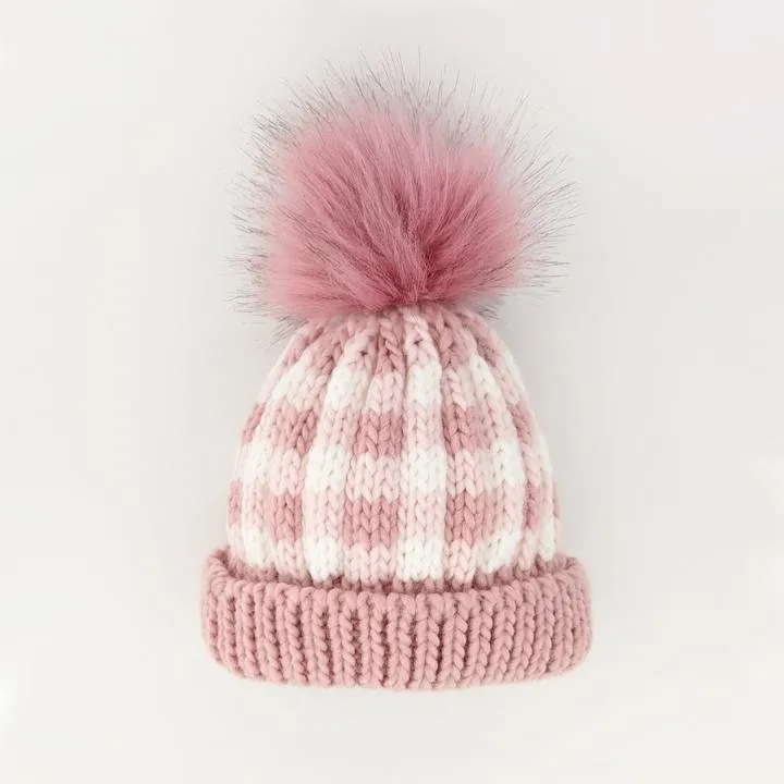 Rosy Pink Buffalo Check Pom Pom Beanie Hat for Babies, Toddlers & Kids