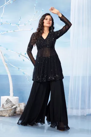 Royal Black Embellished Italian Silk Palazzo Set