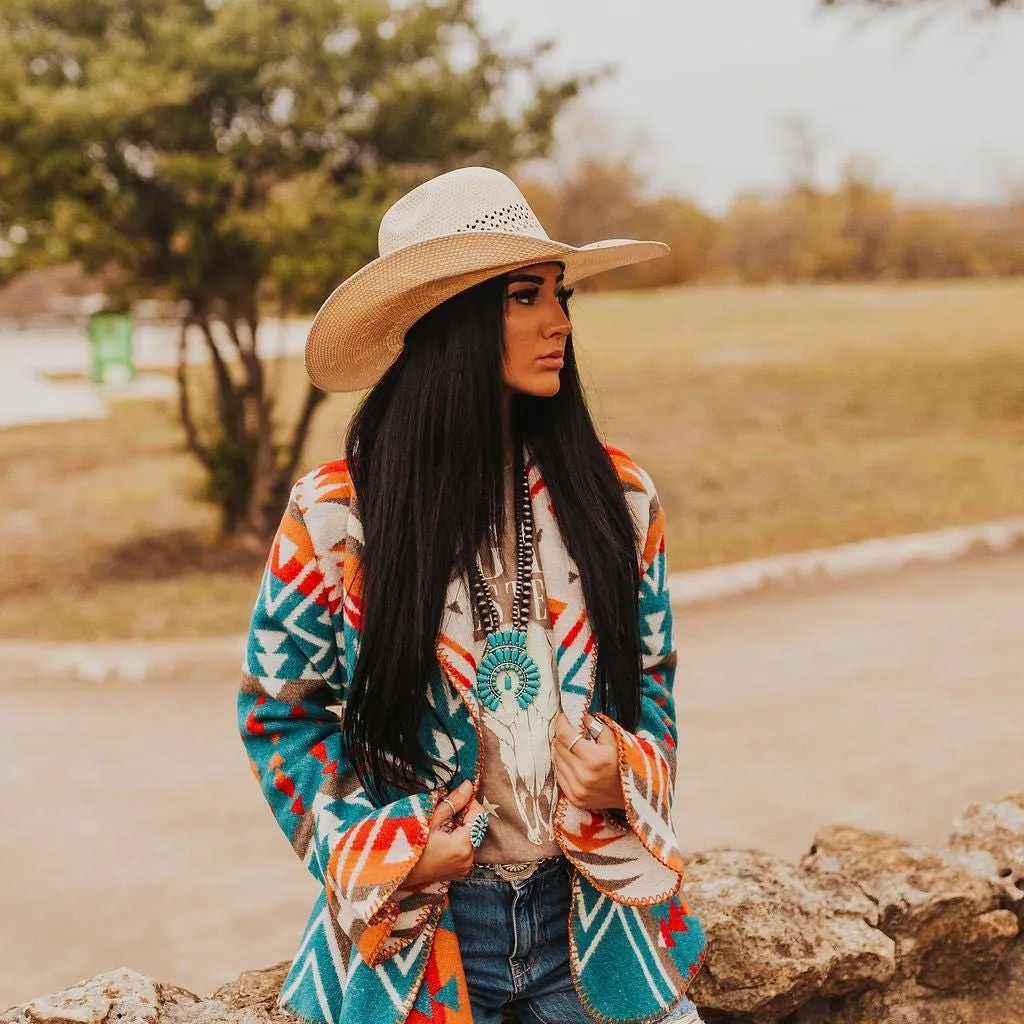 Rustic Teal Aztec Wool Flounce Jacket