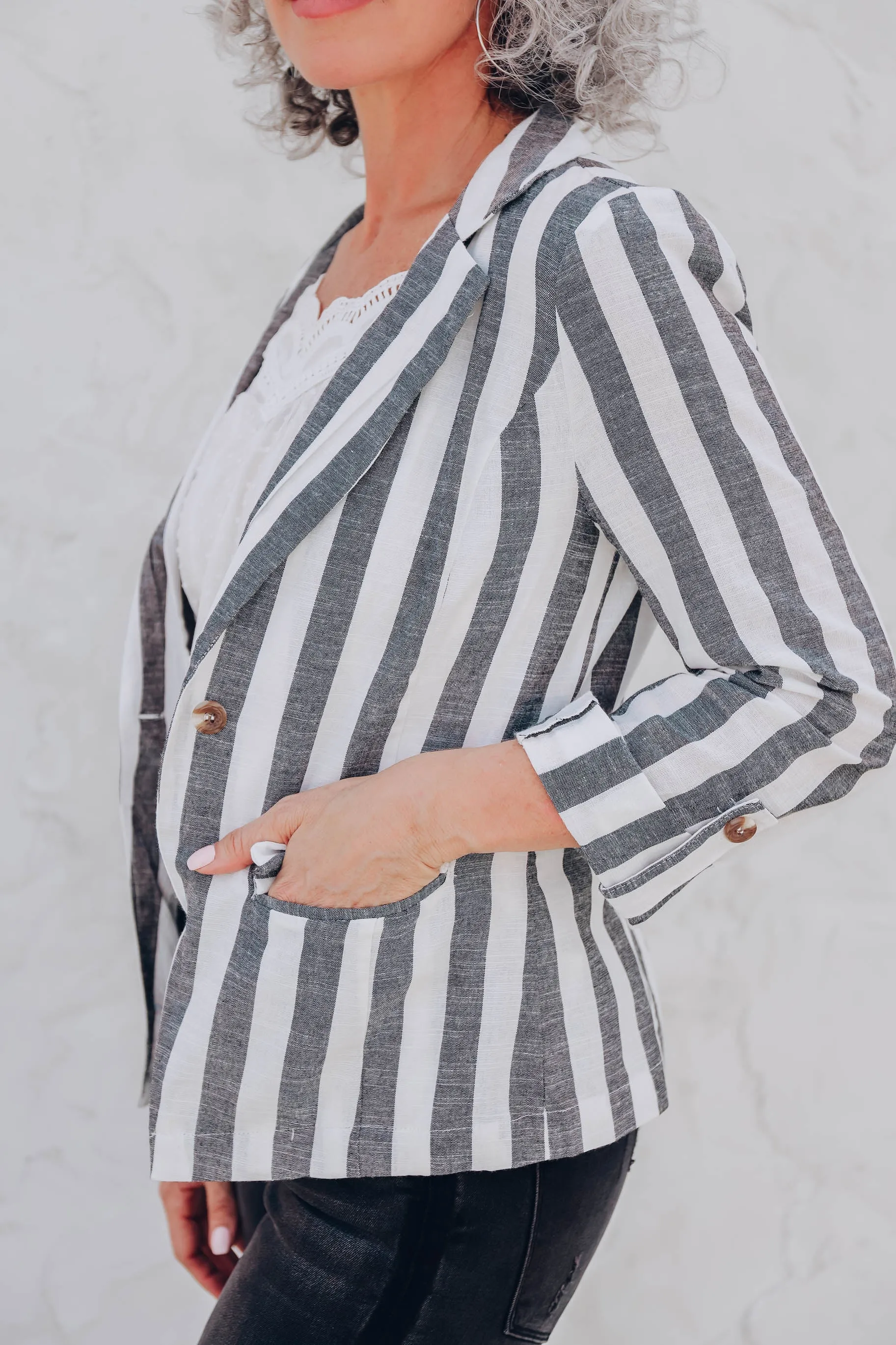 Shadow Striped Woven Blazer - Black