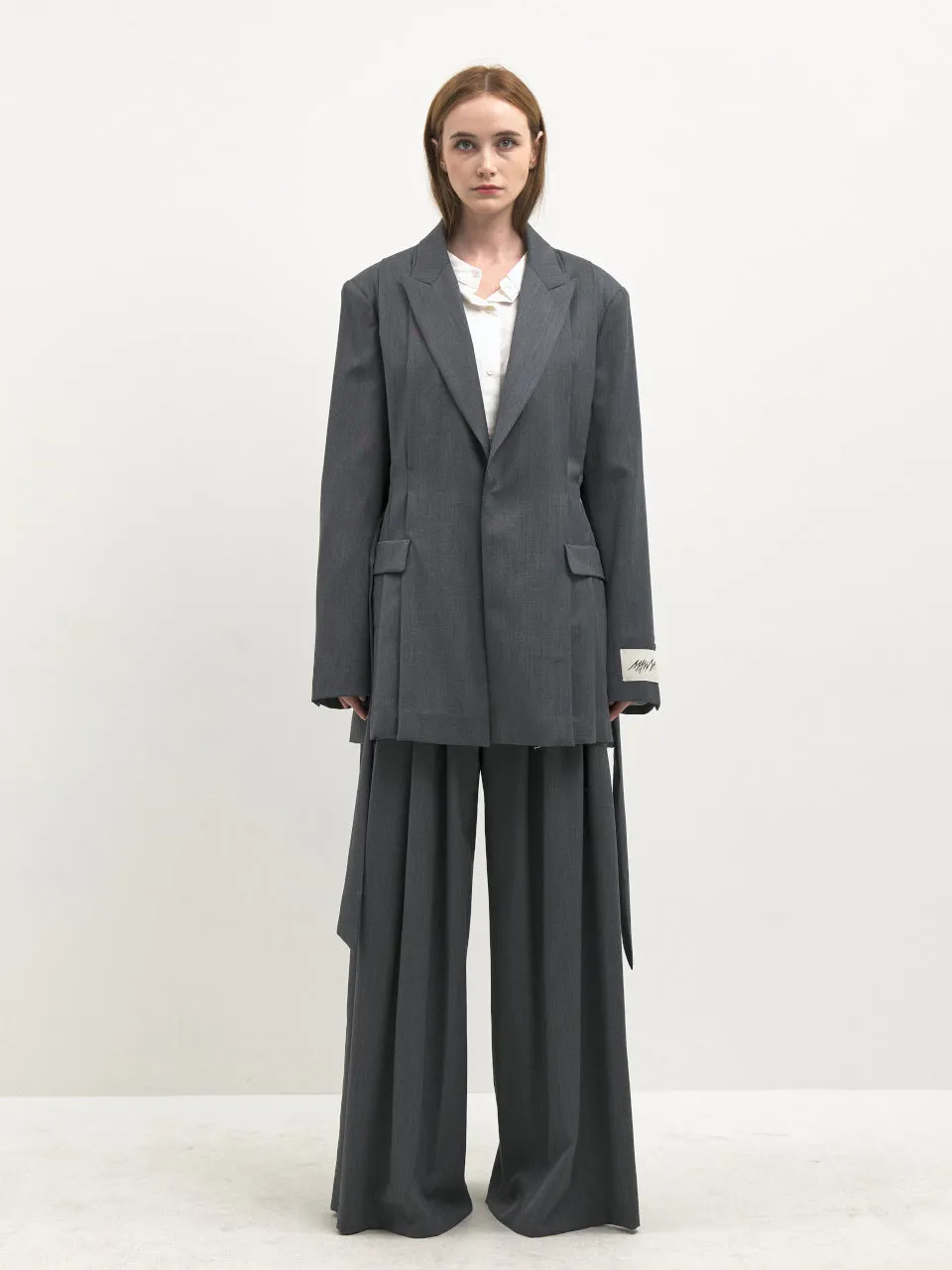 Side pleated strap loose fit blazer gray