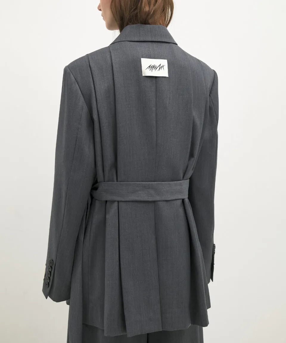 Side pleated strap loose fit blazer gray