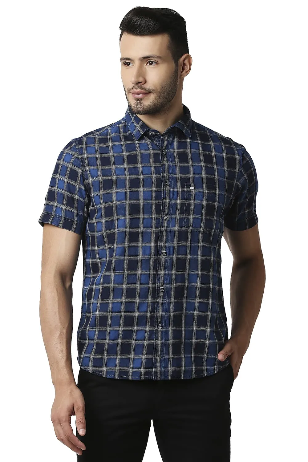 Slim Fit Indigo Checks Halfsleeves Shirt