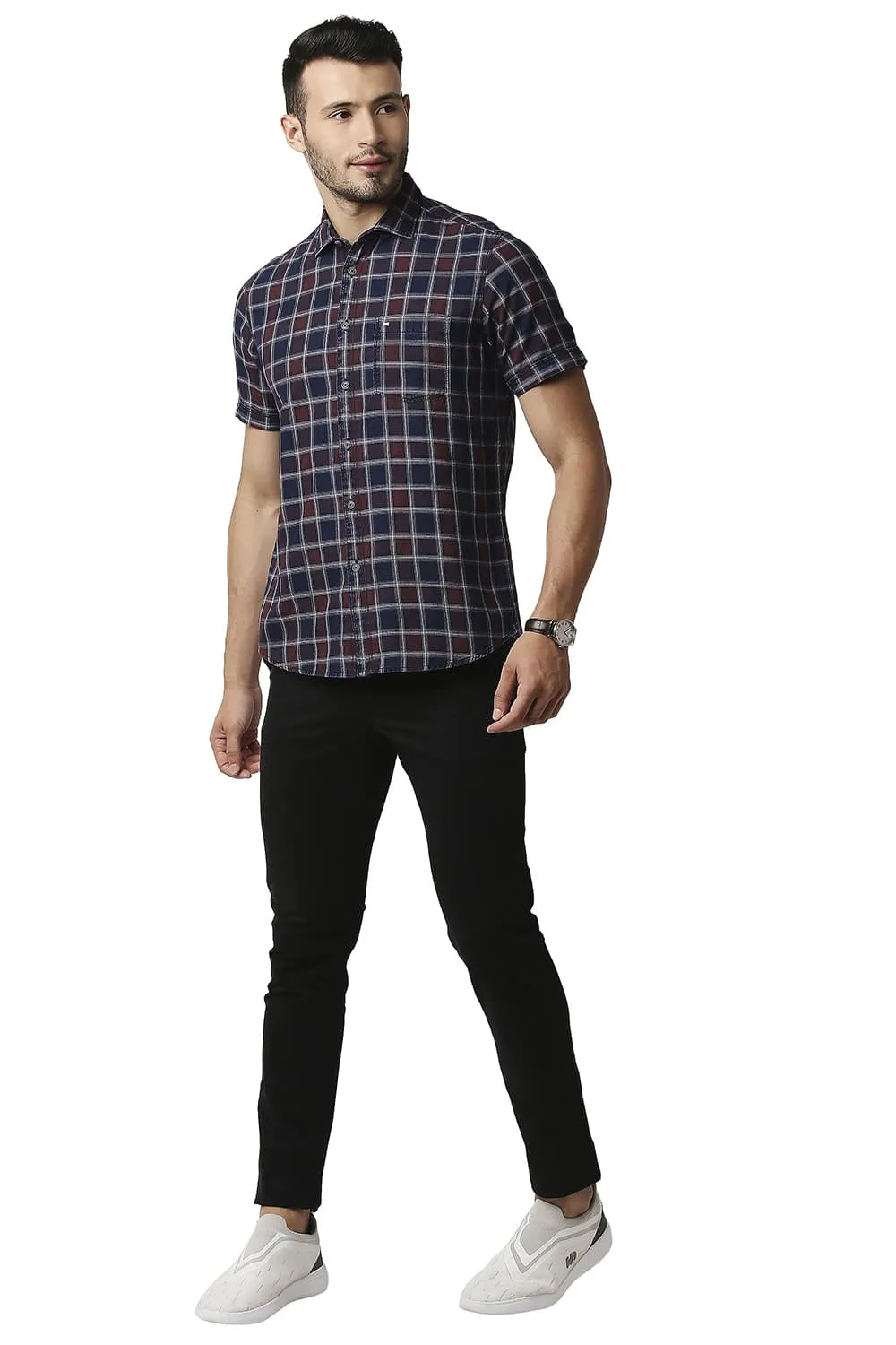 Slim Fit Indigo Checks Halfsleeves Shirt