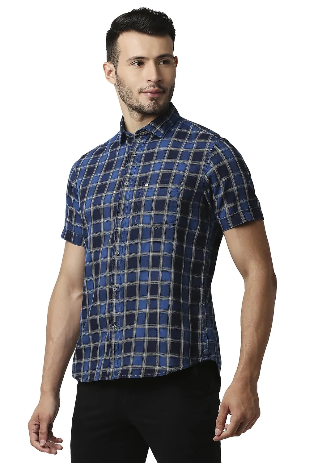 Slim Fit Indigo Checks Halfsleeves Shirt