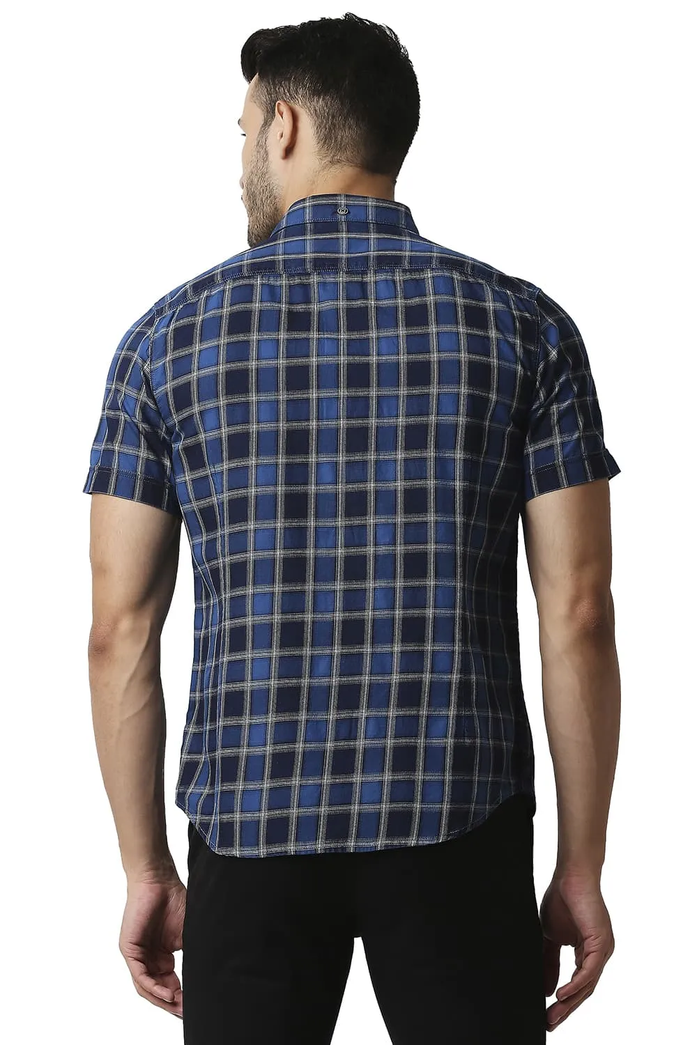 Slim Fit Indigo Checks Halfsleeves Shirt