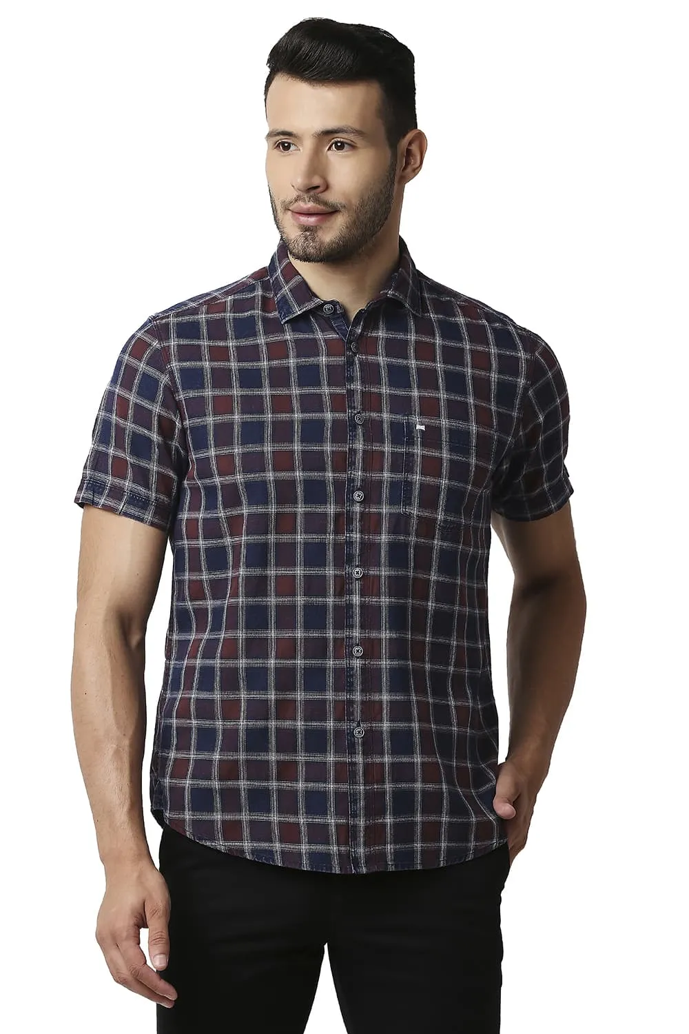 Slim Fit Indigo Checks Halfsleeves Shirt