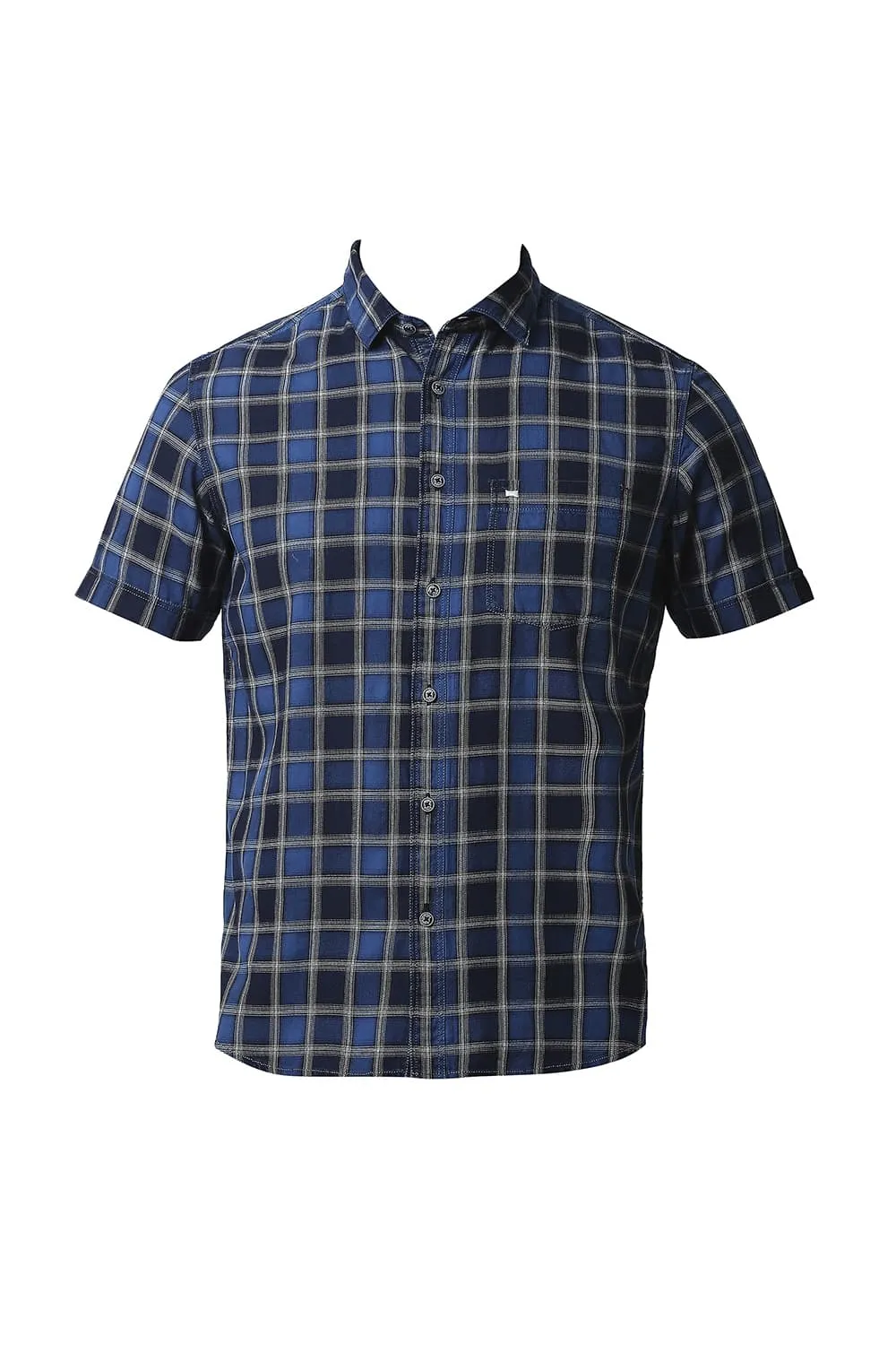 Slim Fit Indigo Checks Halfsleeves Shirt