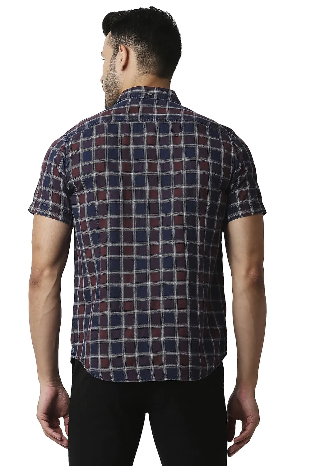 Slim Fit Indigo Checks Halfsleeves Shirt