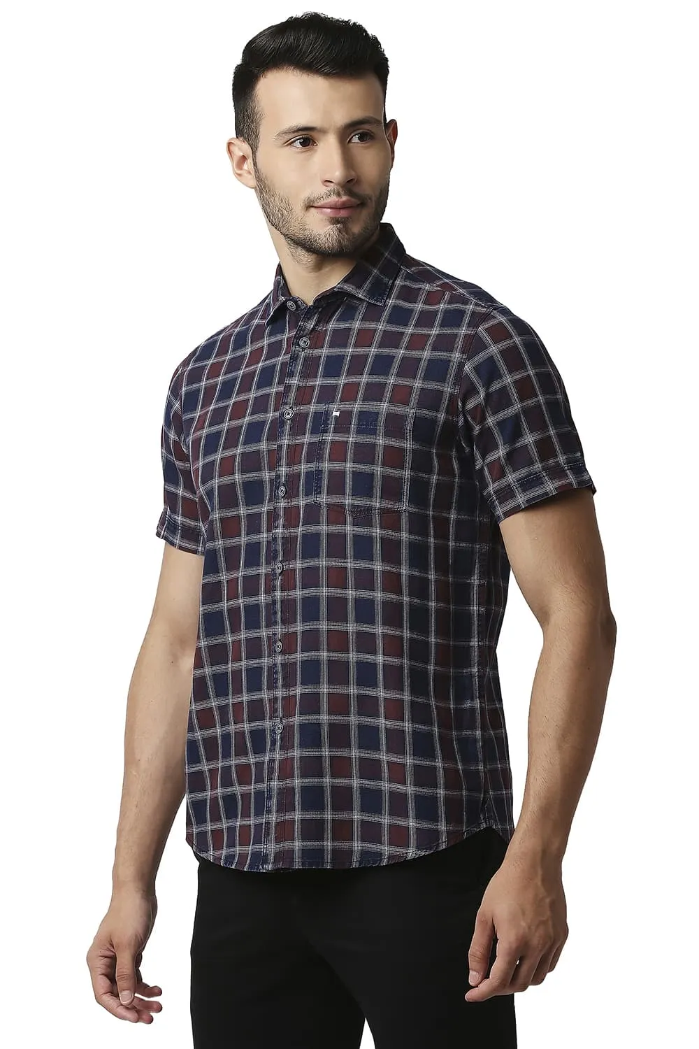 Slim Fit Indigo Checks Halfsleeves Shirt