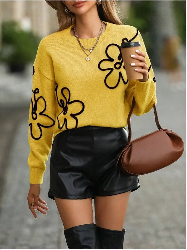 Solid Color Flower Jacquard Knitted Pullover