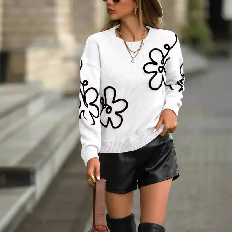 Solid Color Flower Jacquard Knitted Pullover