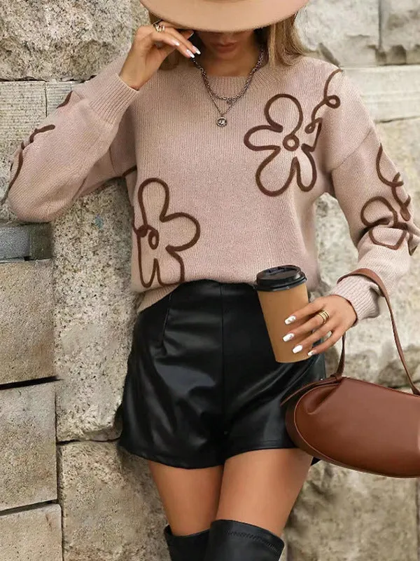 Solid Color Flower Jacquard Knitted Pullover