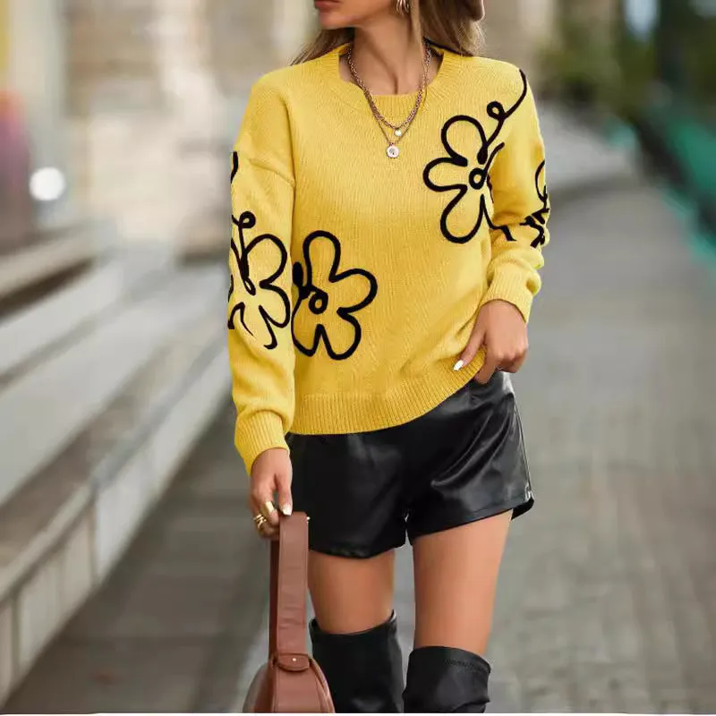 Solid Color Flower Jacquard Knitted Pullover