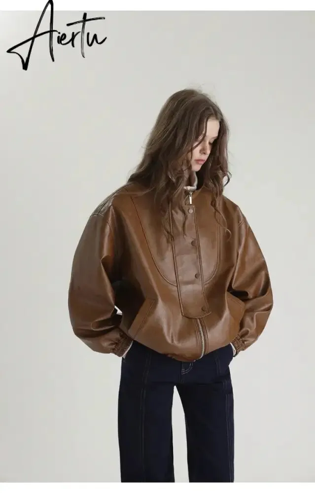 Spring Autumn Cool Oversized Brown Black Faux Leather Bomber Jacket Women Zip Up Luxury Designer Unisex Clothes