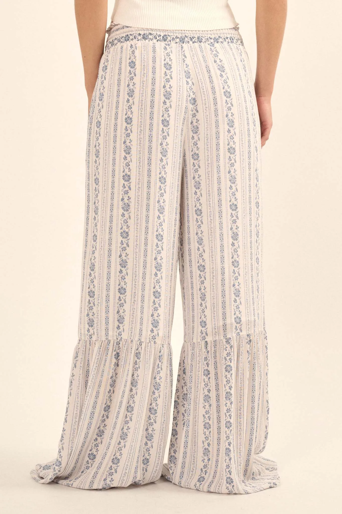 Spring Fever Floral-Stripe Ruffled Wide-Leg Pants