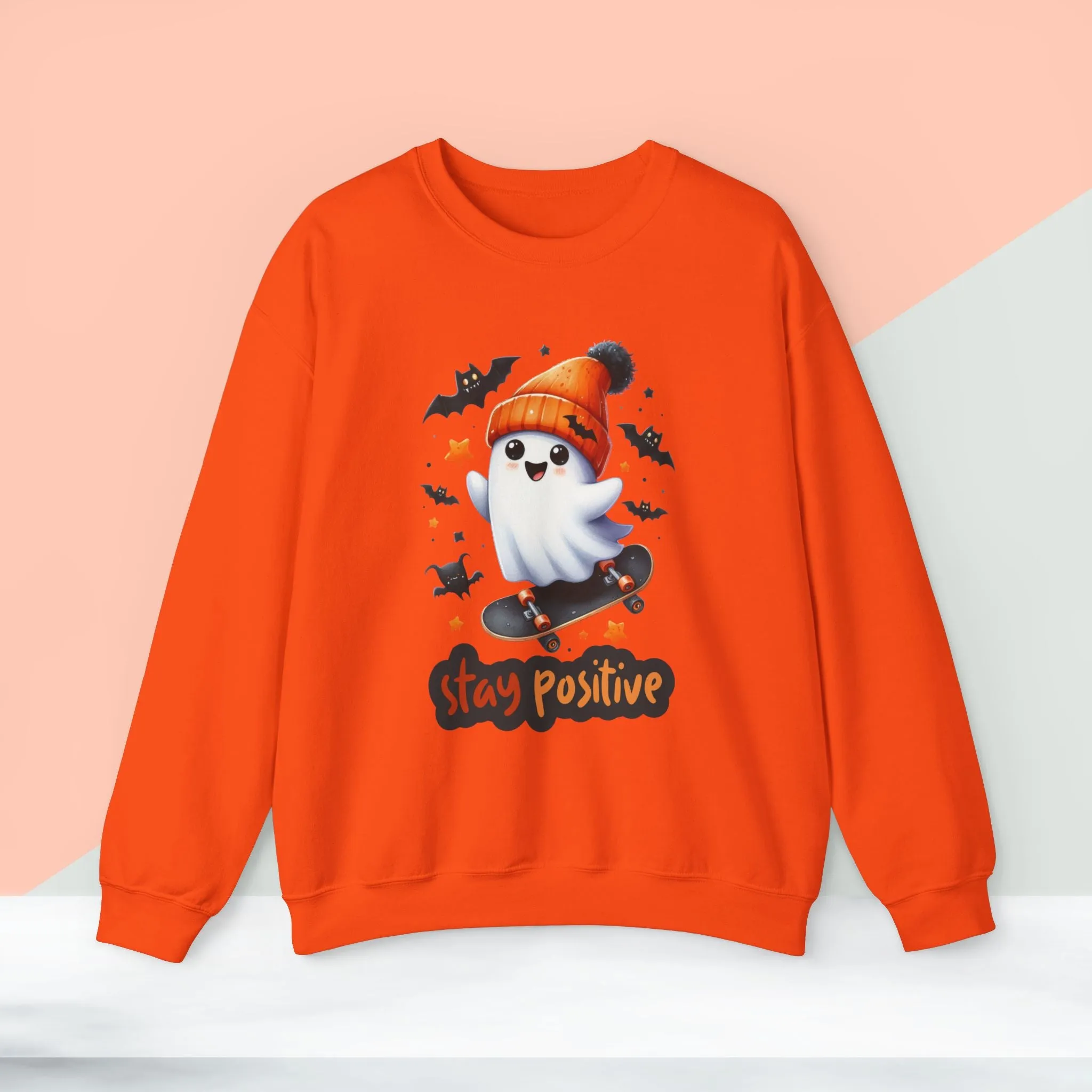 Stay Positive Cute Ghost Sweatshirt, Happy Halloween Sweatshirt - Unisex Heavy Blend Crewneck, Halloween Sweatshirt, Cute Spooky Ghost sweatshirt.